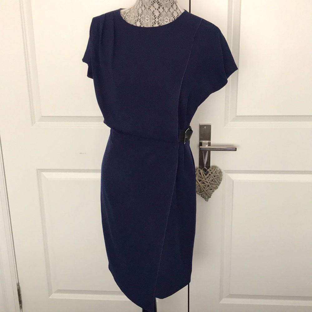 Navy Cap-Sleeve Wrap-Front Dress